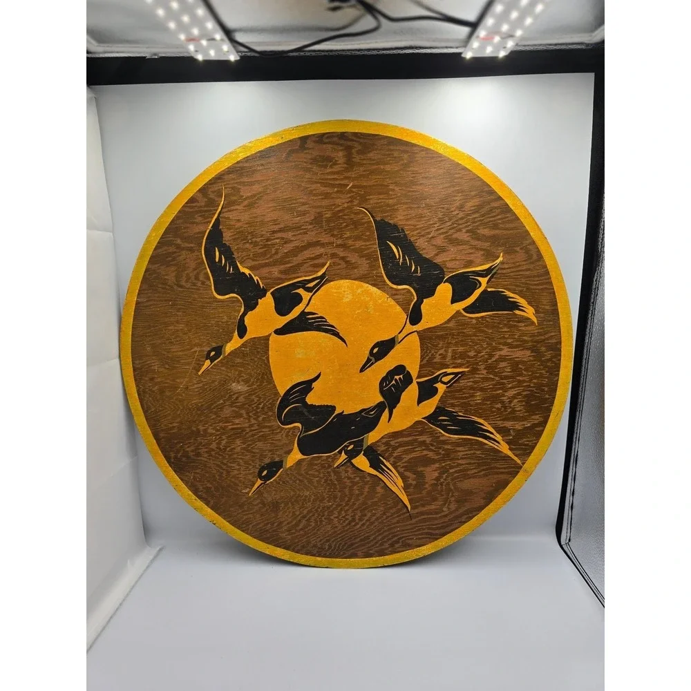 Vintage Round Wooden Wall Art Flying Ducks‎ Sun Decor Rustic Home Accent 21in